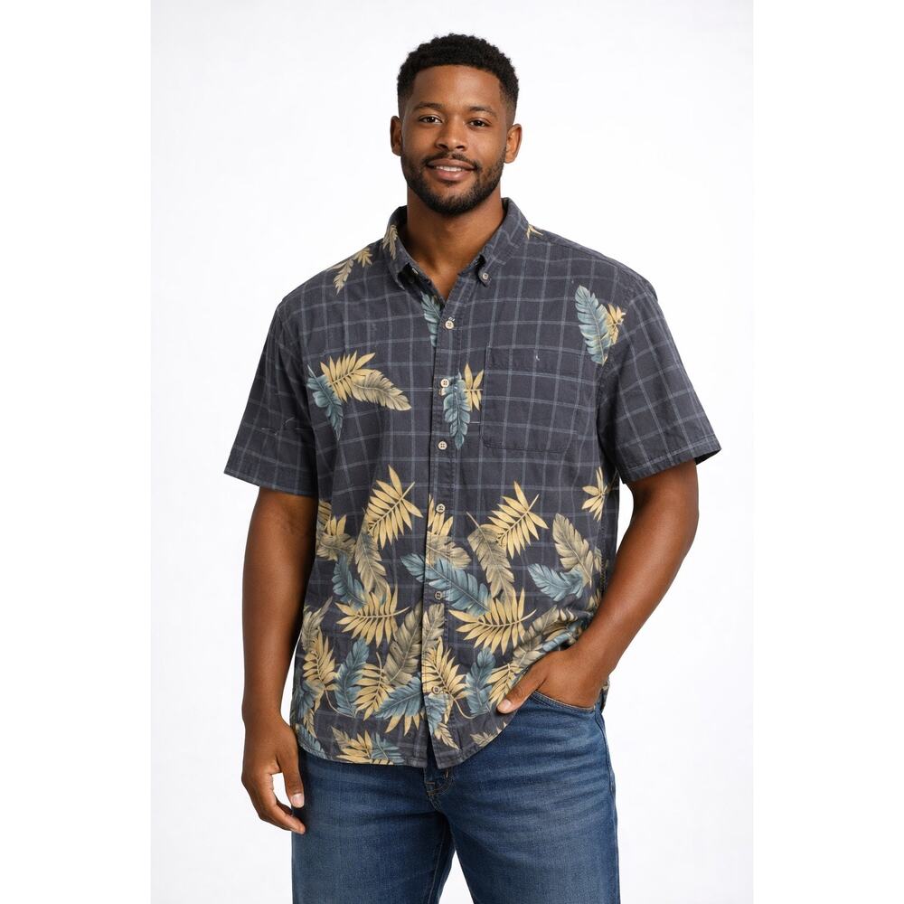 VTG Chaps Ralph Lauren Men XL Hawaiian Aloha Tropical Leaf Plaid Vacation Shirt
